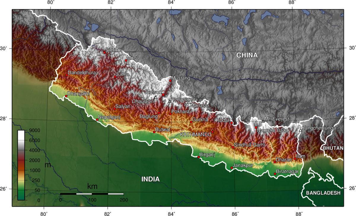 nepal elevación mapa