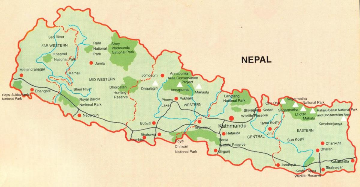 mapa de nepal con lugares turísticos