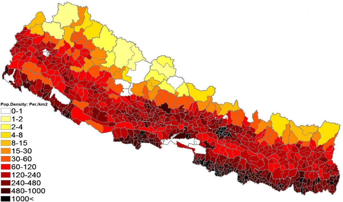 nepal densidade de poboación mapa