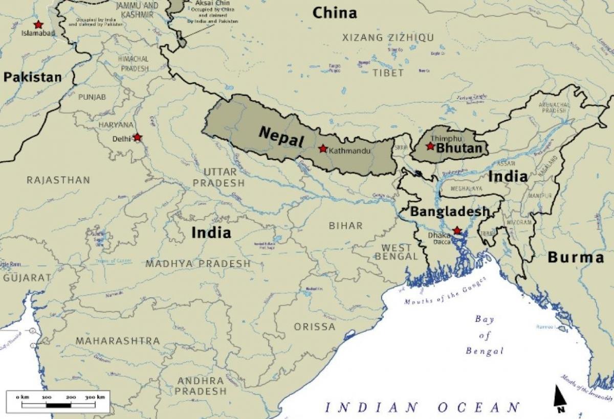 mapa de bután nepal e tibet