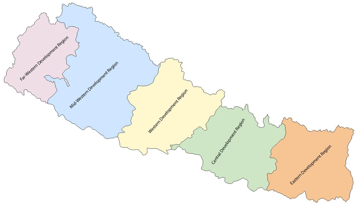 mapa de nepal con cinco desenvolvemento rexión