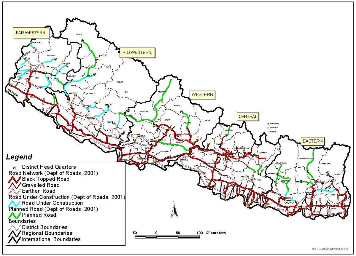 Mapa de estrada nepal con distritos
