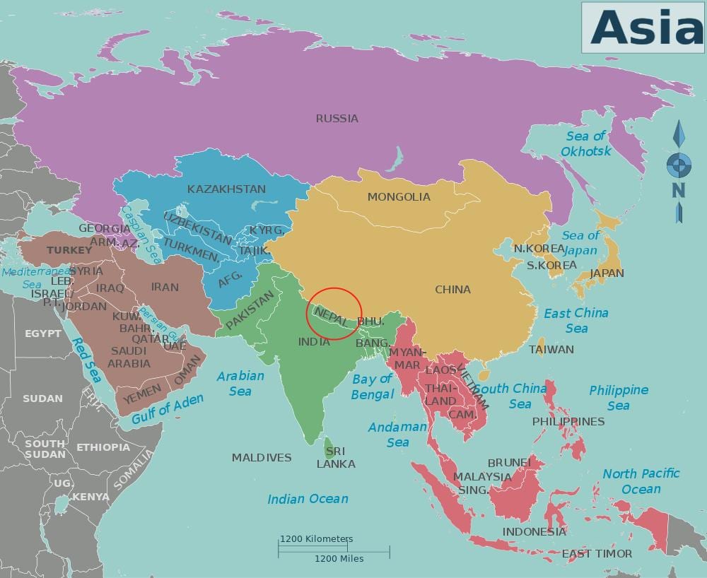 mapa de nepal e os países veciños