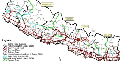 Mapa de nepal mostrando estradas